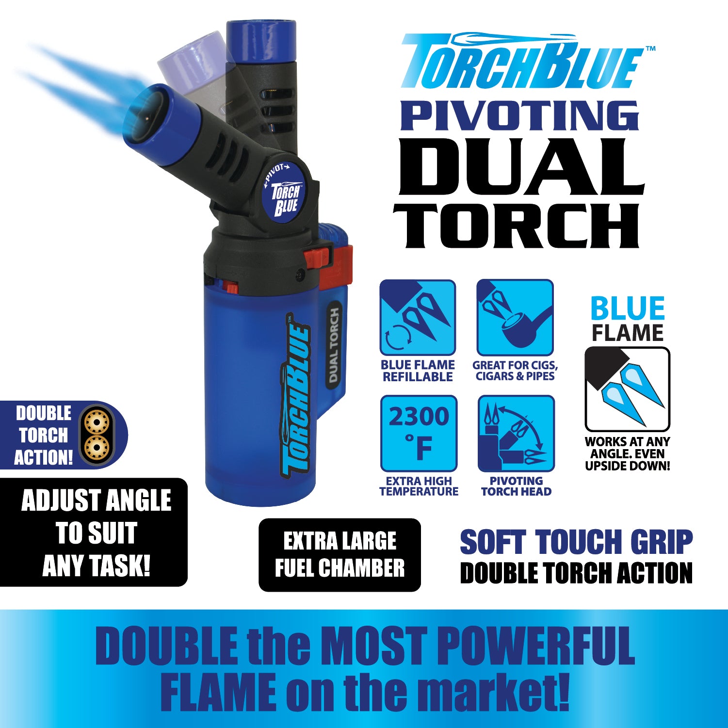 Torch Blue Adjustable Pivot Head Refillable Dual Tank Torch Lighter
