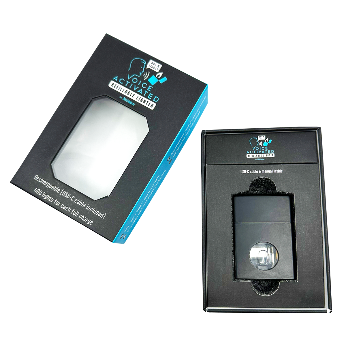 Voice Activated Refillable Rechargeable Flip Top Lighter with USB-C Charging Cable