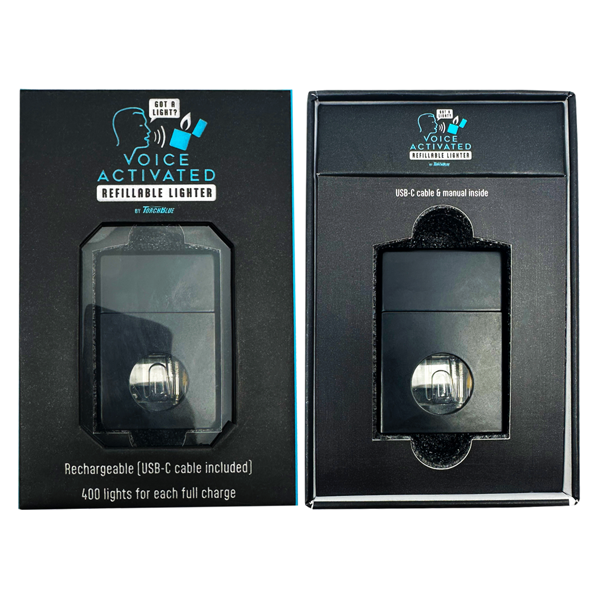 Voice Activated Refillable Rechargeable Flip Top Lighter with USB-C Charging Cable