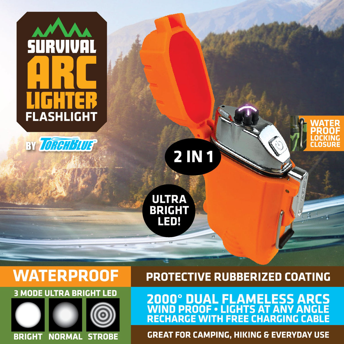 Rechargeable Survival Windproof & Waterproof Arc Lighter with LED Flashlight
